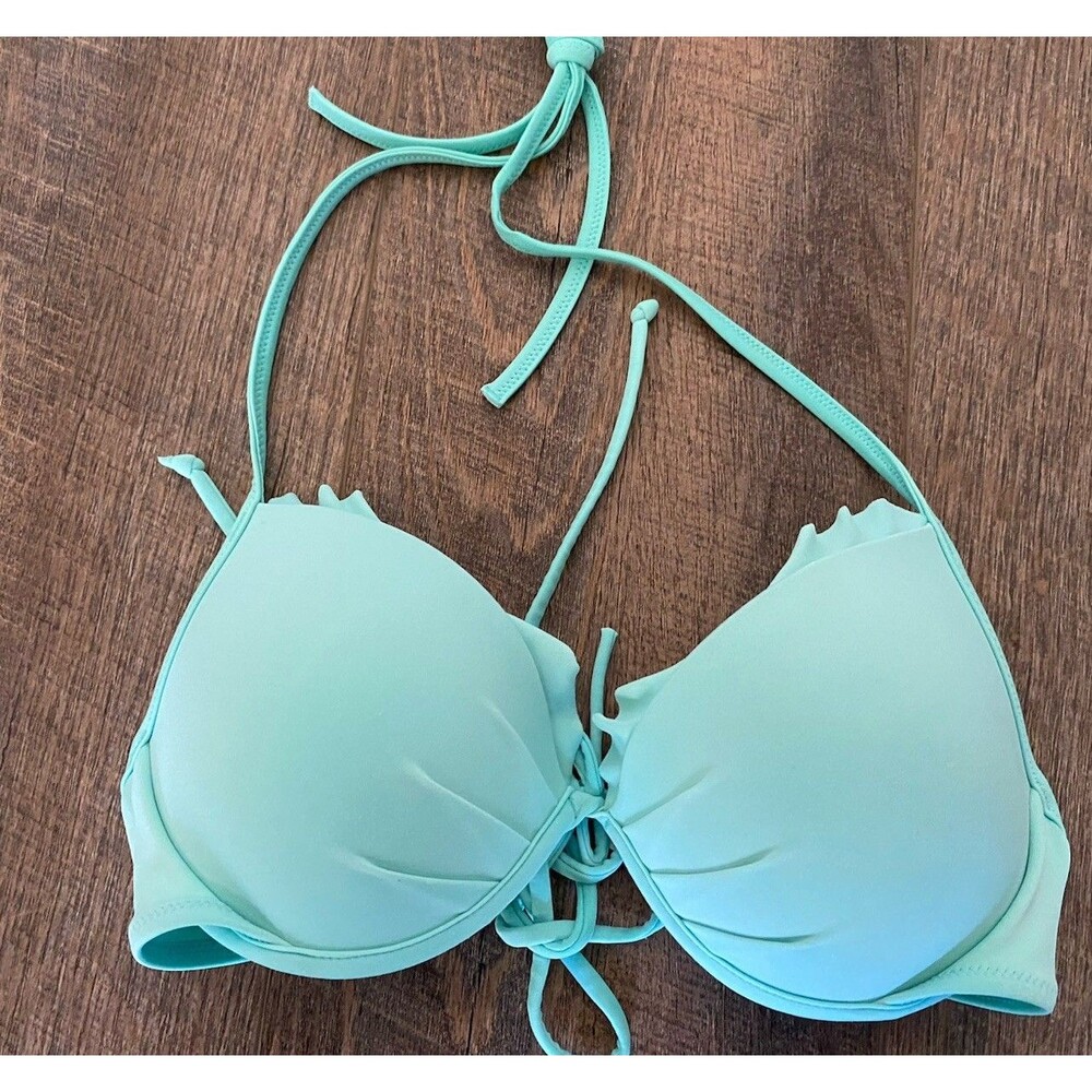 Victorias Secret 34b Green Ruffle Tie Underwired Halter Push-up Bikini Top Swim